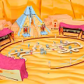 Scenic Miniature Landscape with Pink Roofs Blue Spire Tower Tracks and Figures in Orange Background