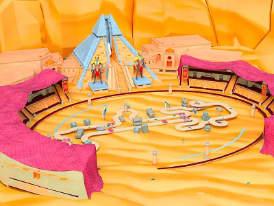 Scenic Miniature Landscape with Pink Roofs Blue Spire Tower Tracks and Figures in Orange Background 3d model