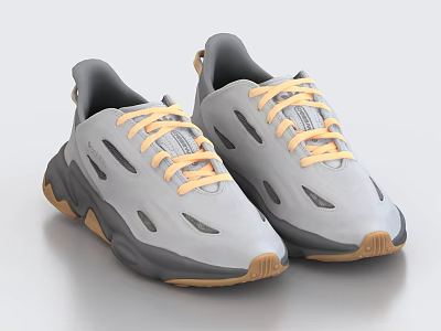 Light Gray Sports Shoes With Light Orange Laces And Contrast Soles 3d model