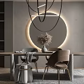 Modern Luxury Dining Table Set With Circular Decor Pendant Lights Dining Chairs And Gray Backdrop 3d model