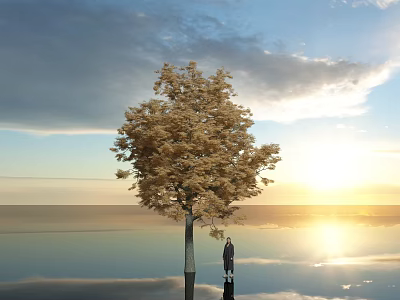 Golden Leaf Tree with Sunset Sky Clouds and Water Reflection as Person Stands Beside 3d model
