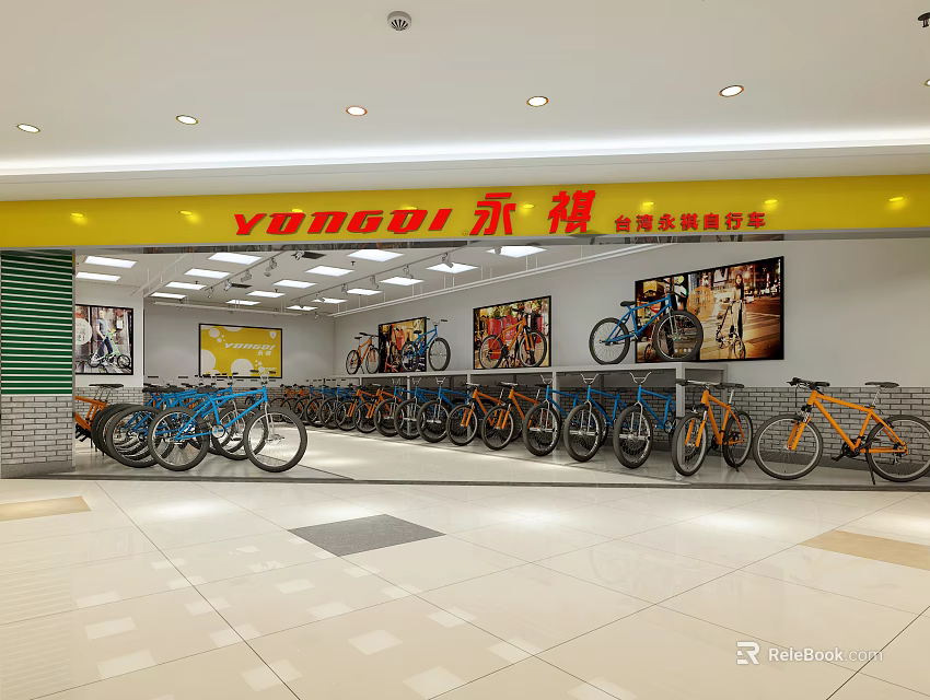 YONGQI Bicycle Store Interior With Various Colored Bikes And Wall Posters 3d model