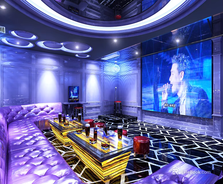 KTV Interior With Purple Sofas Drinks Large Screen And Singing Person Lighting 3d model 