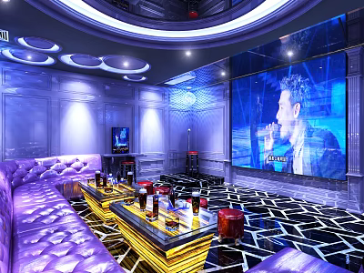 KTV Interior With Purple Sofas Drinks Large Screen And Singing Person Lighting 3d model