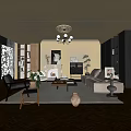 Modern Living Room Interior Design With Fireplace Chandelier And Beige Sofa