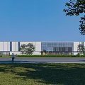 Modern Industrial Factory Building Featuring Glass Curtain Wall Blue Stripes and Greenery Under Blue Sky