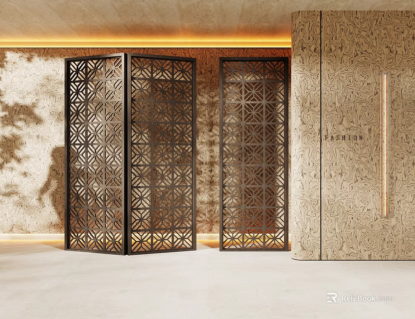 Elegant Modern Room Divider With Intricate Laser Cut Patterns And Textured Wall Background 3d model