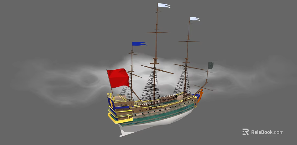 Ancient Sailing Ship With Multiple Masts Colored Flags And Decorative Hull 3d model 