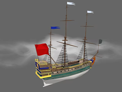 Ancient Sailing Ship With Multiple Masts Colored Flags And Decorative Hull 3d model