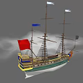 Ancient Sailing Ship With Multiple Masts Colored Flags And Decorative Hull