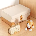 Cute Brown Puppy Doll With Beige Brown Box And Woven Small Bag On Wooden Floor