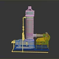 Industrial Processing Equipment With Silver Cylindrical Tower Green Yellow Components And Blue Base