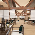 Traditional Tea House Interior With Wooden Beams Hanging Lamps Tables And Wooden Floor