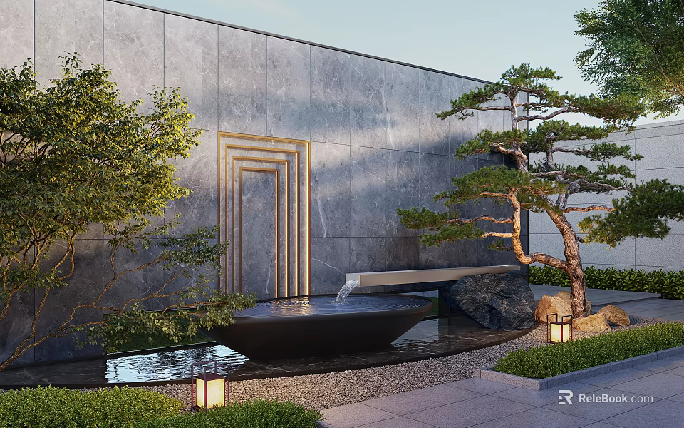 Modern Landscape Feature Wall With Gray Surface Golden Frames Waterfall Pine Tree And Stone Accents 3d model