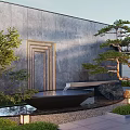 Modern Landscape Feature Wall With Gray Surface Golden Frames Waterfall Pine Tree And Stone Accents 3d model