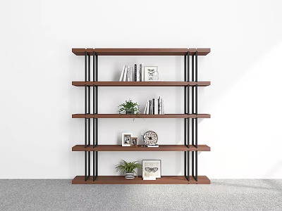 Modern Wooden Multi Tier Shelf Unit With Metal Frame Books Decorative Items And Potted Plants 3d model