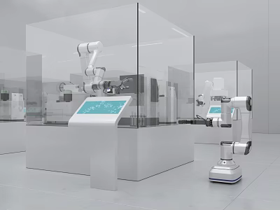 Modern Industrial Equipment Setting With Robotic Arms Control Consoles And Glass Compartments 3d model