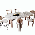 Modern Marble Top Oval Dining Table With Rattan Back Chairs And Fruit Platter 3d model