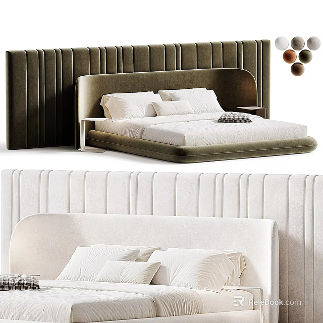 Modern Upholstered Double Bed With Green White Striped Headboard And Soft Pillows 3d model 