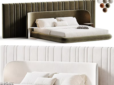 Modern Upholstered Double Bed With Green White Striped Headboard And Soft Pillows 3d model