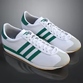White And Green Striped Sports Shoes With Light Colored Soles And Classic Design