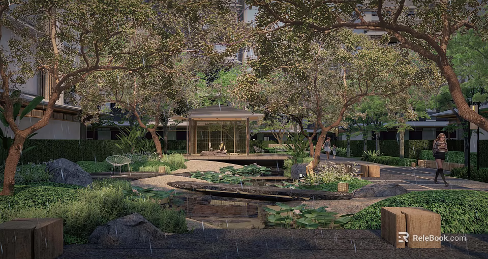 Wooden Landscape Pavilion Surrounded by Trees Pond With Lotus Leaves and Stones 3d model 