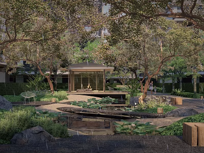 Wooden Landscape Pavilion Surrounded by Trees Pond With Lotus Leaves and Stones 3d model