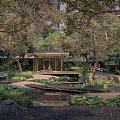 Wooden Landscape Pavilion Surrounded by Trees Pond With Lotus Leaves and Stones