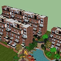 Modern Red Brick Residential Building With Balconies Green Trees And Lawn