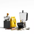 Practical Kitchen Appliances With Coffee Grinder Moka Pot Yellow Coffee Bag And Black Coffee Cup