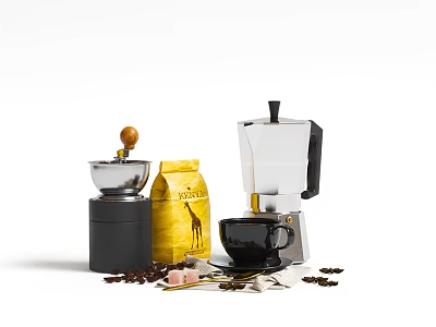 Practical Kitchen Appliances With Coffee Grinder Moka Pot Yellow Coffee Bag And Black Coffee Cup 3d model