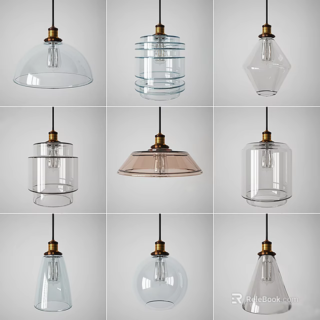 Modern Glass Pendant Lights In Various Shapes With Metal Base Designs 3d model 