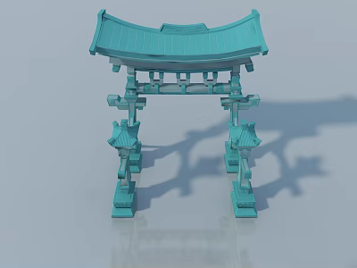 Modern Blue Hinged Door With Traditional Roof And Decorative Columns 3d model