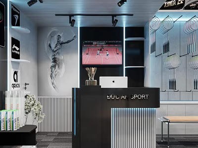 Stylish Sports Store Interior With Athlete Mural Trophy Counter TV Screen And Racket 3d model