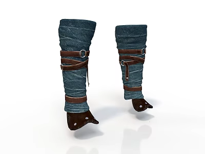 Dark Blue Fabric Leg Guards With Brown Leather Straps And Adjustable Buckles 3d model