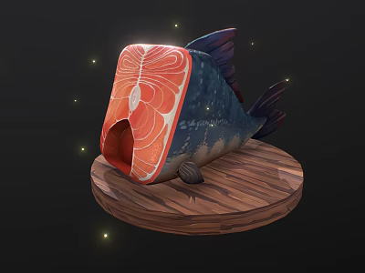 Sliced Blue And Red Fish On Wooden Base With Glowing Light Spots 3d model