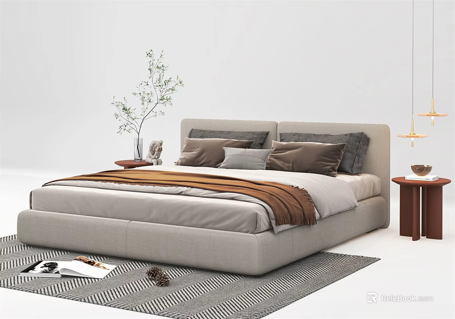 Modern Double Bed With Upholstered Headboard Pillows Blanket And Side Nightstand 3d model