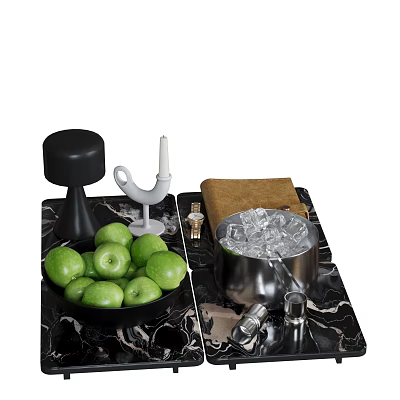 Decorative Ornament Set with Green Apples Metal Ice Bucket and Candle Holder on Marble Tray 3d model