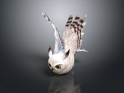 White Owl Sculpture With Spread Wings Black Patterns And Yellow Eyes On Dark Background 3d model
