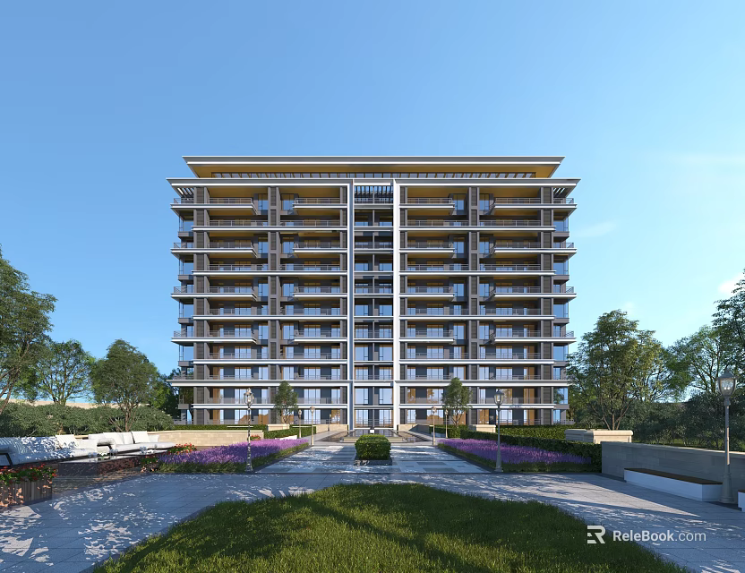 Modern High Rise Residential Building With Green Lawn Purple Flowers And Trees 3d model 