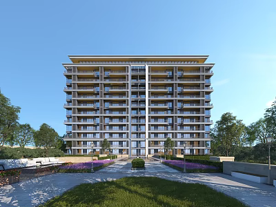 Modern High Rise Residential Building With Green Lawn Purple Flowers And Trees 3d model