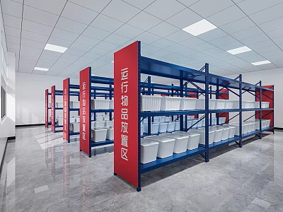 Industrial Storage Area With Blue Shelves Red Signs And White Storage Buckets 3d model