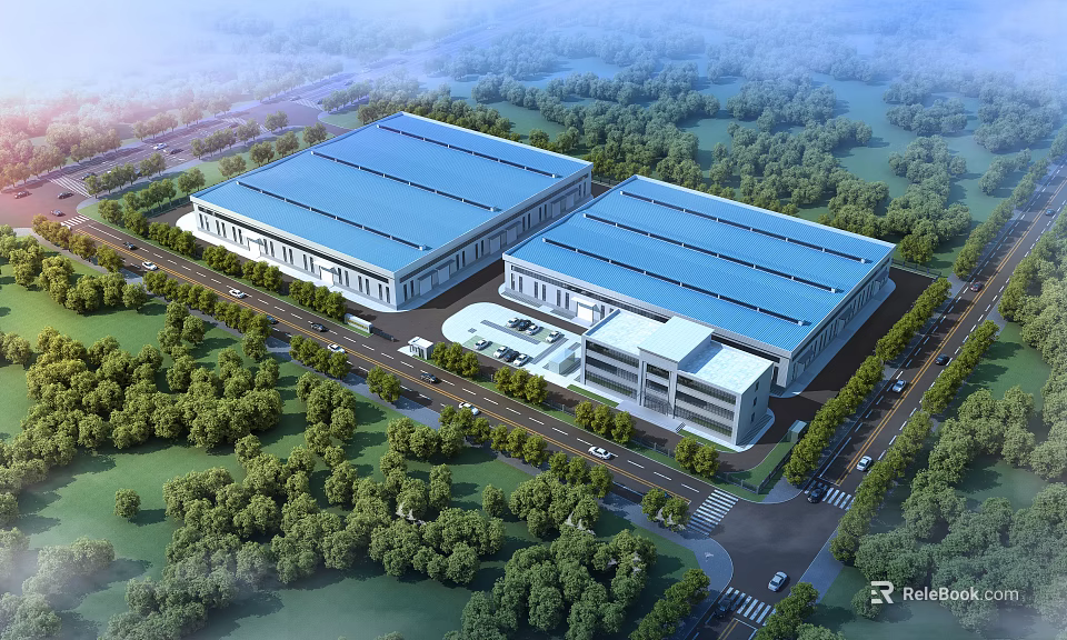 Modern Industrial Factory With Blue Roof Surrounded by Green Trees and Adjacent Roads 3d model 