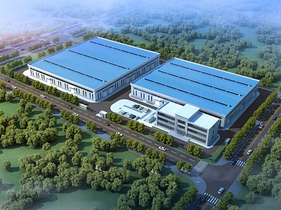 Modern Industrial Factory With Blue Roof Surrounded by Green Trees and Adjacent Roads 3d model