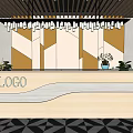 Modern Front Desk Reception Area With White Counter Gold Accent Wall Pendant Lights And Plants