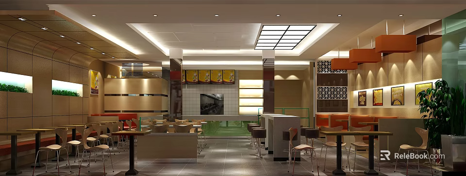 Modern Restaurant Interior With Dining Tables Chairs Lighting And Wall Decor 3d model 