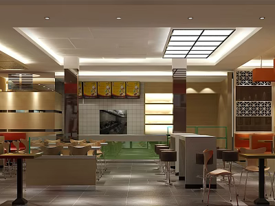Modern Restaurant Interior With Dining Tables Chairs Lighting And Wall Decor 3d model
