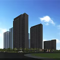 Modern High Rise Residential Buildings With Glass Curtain Walls Greenery And Blue Sky