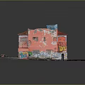 Pink Small Building Model Featuring Red Roof Balcony Colorful Graffiti Parking Lines And Bench
