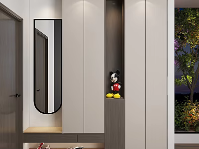 Modern Entryway Shoe Cabinet Design With Oval Mirror And Mickey Mouse Figurine 3d model